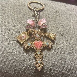 Gold and Pink Cross Keychain Charms 925 Sterling Silver